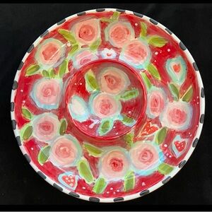 Hand painted Roses And Heart On Scarlet Ceramic Chip And Dip 12” Original